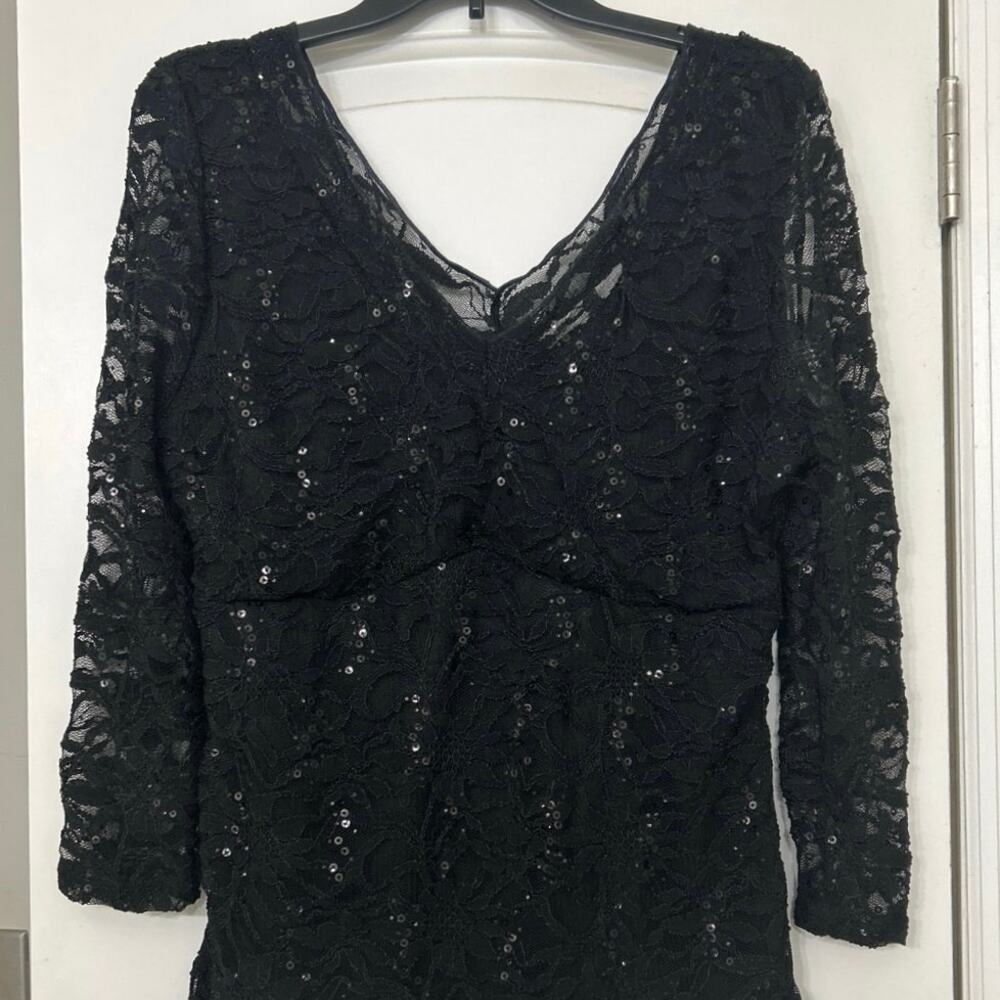 Boston Proper Black Lace Sequin V-Neck Top XL Made USA Y2K Evening Sheer Sleeves - Picture 3 of 11